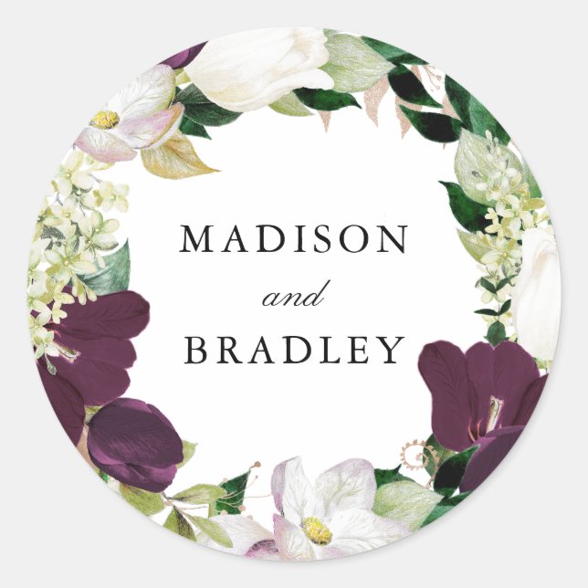 Dark Plum Floral | Personalised Wedding Classic Round Sticker (Front)