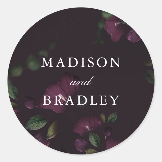 Dark Plum Floral | Personalised Wedding Classic Round Sticker (Front)