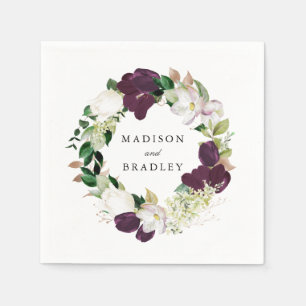 Dark Plum Floral Personalised Wedding Napkin