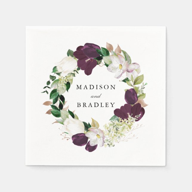 Dark Plum Floral | Personalised Wedding Napkin (Front)
