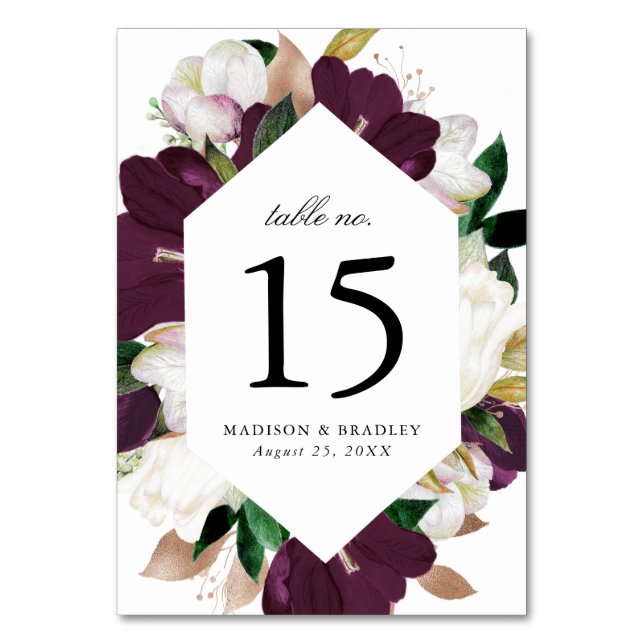 Dark Plum Floral | Personalised Wedding Table Number (Front)