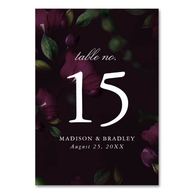 Dark Plum Floral | Personalised Wedding Table Number (Front)