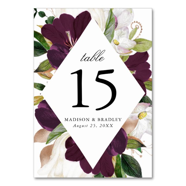 Dark Plum Floral | Personalised Wedding Table Number (Front)