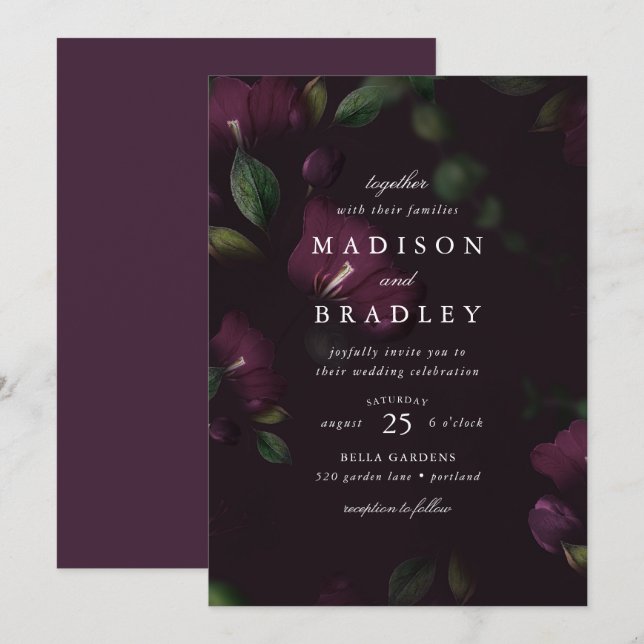 Dark Plum Floral | Wedding Invitation (Front/Back)