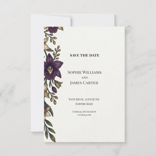 Dark Plum Floral Wedding Save The Date (Front)