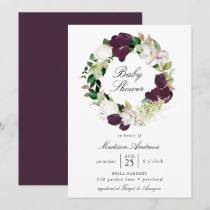 Dark Plum Floral Wreath   Baby Shower Invitation