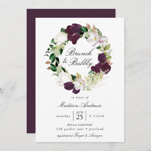 Dark Plum Floral Wreath   Brunch and Bubbly Invitation