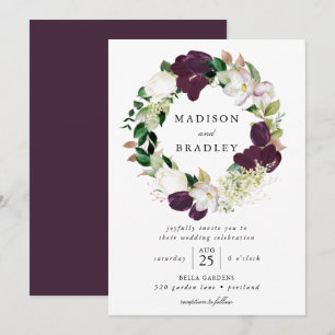 Dark Plum Floral Wreath Wedding Invitation