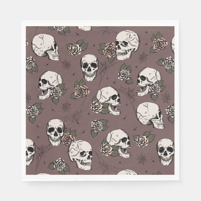 Dark Plum Gothic Skulls and Roses Halloween Napkin (Front)