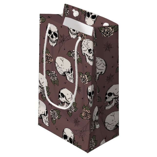 Dark Plum Gothic Skulls and Roses Halloween Small Gift Bag (Front Angled)