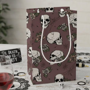 Dark Plum Gothic Skulls and Roses Halloween Small Gift Bag