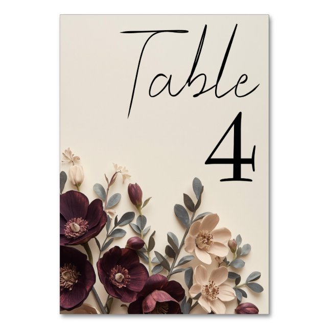 Dark Plum Hellebores & Eucalyptus Moody Floral Table Number (Front)