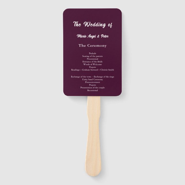 Dark Plum Minimalist Typography Wedding Program  Hand Fan (Front)