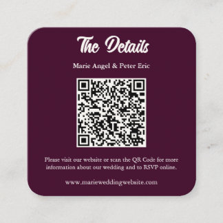 Dark Plum Monogram QR Code Wedding Details Square Business Card