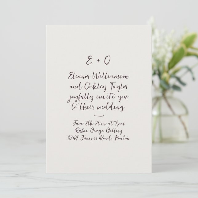 Dark Plum Noir Script Monogram Romantic Wedding Invitation (Standing Front)