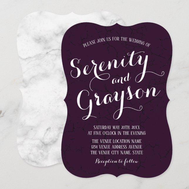 Dark Plum Purple and Grey Marble Wedding Invitation (Front/Back)
