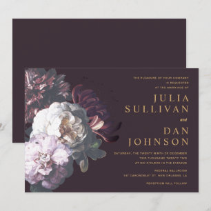 Dark Plum Purple Moody Floral Wedding Invitation