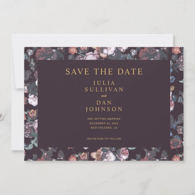 Dark Plum Purple Moody Floral Wedding Save The Date (Front)