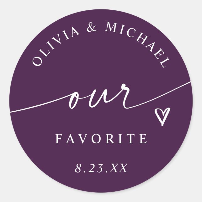 Dark Plum Purple Our Favorite Wedding Treat Bag Classic Round Sticker (Front)