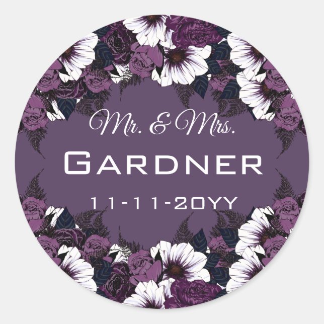 Dark Plum Purple Romantic Floral Wedding Classic Round Sticker (Front)