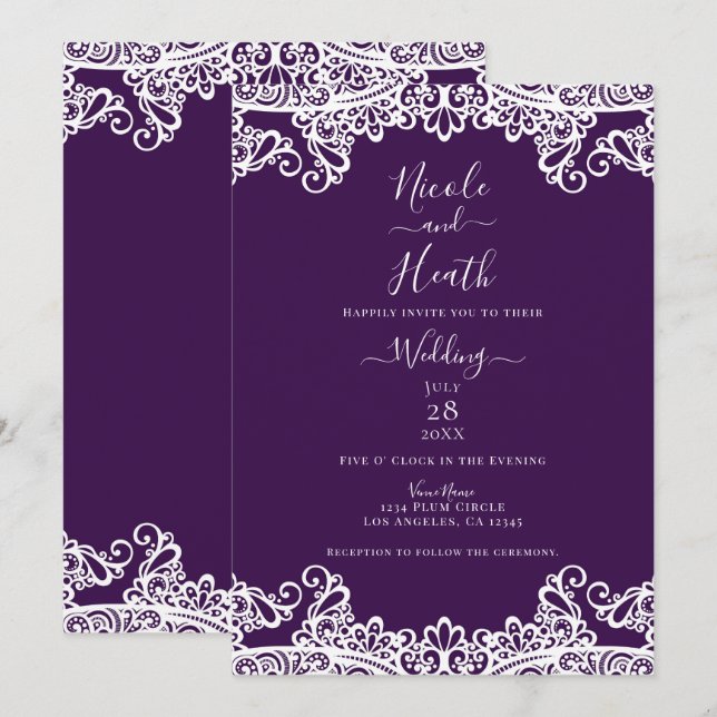 Dark Plum Purple & White Lace Elegant Wedding   Invitation (Front/Back)