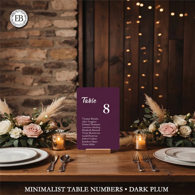 Dark Plum Table Number & Integrated Guest List (Modern Dark Plum wedding table number card with personalized guest seating list and script detail.)