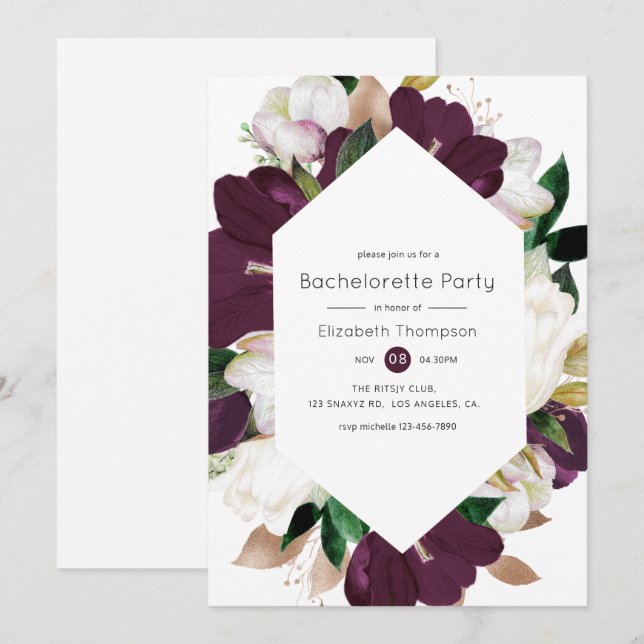 Dark Plum Velvet and White Floral Bachelorette Invitation (Front/Back)