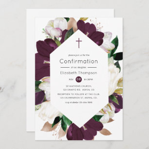 Dark Plum Velvet and White Floral Confirmation Invitation
