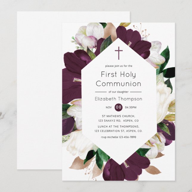 Dark Plum Velvet and White Floral Holy Communion Invitation (Front/Back)