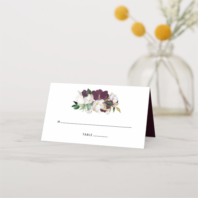 Dark Plum Velvet and White Floral Place Card (Front)