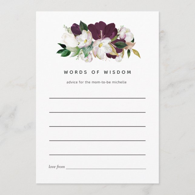 Dark Plum Velvet and White Spring Bridal Advice Card (Front)