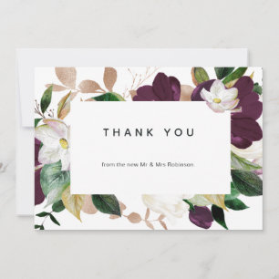 Dark Plum Velvet Floral Wedding Photo Thank You Card