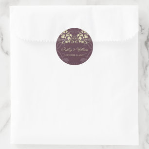 Dark Plum Vintage Floral Flourish Wedding Party Classic Round Sticker