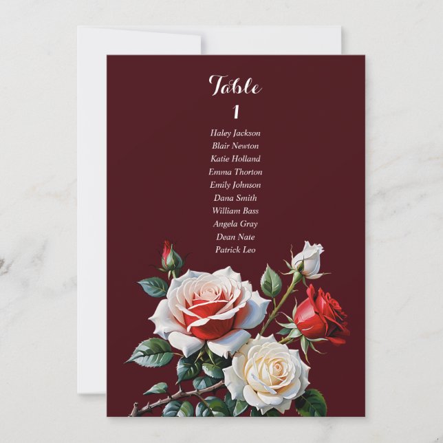 Dark Pretty pink white red rose seating chart card (Front)