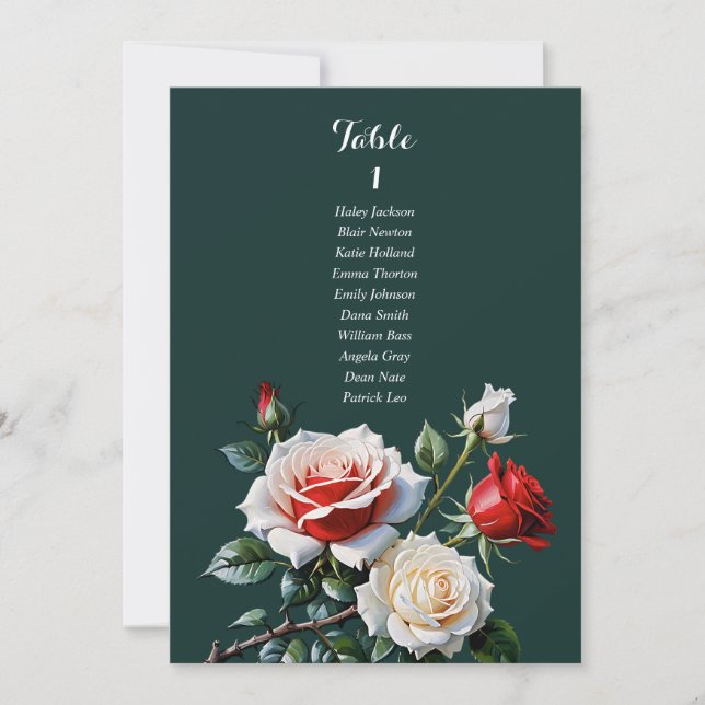 Dark Pretty pink white red rose seating chart card (Front)