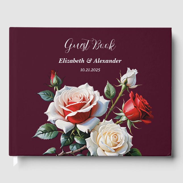 Dark Pretty pink white red roses floral wedding  Guest Book (Front)
