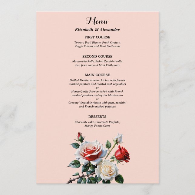 Dark Pretty pink white red roses floral wedding  Menu (Front)