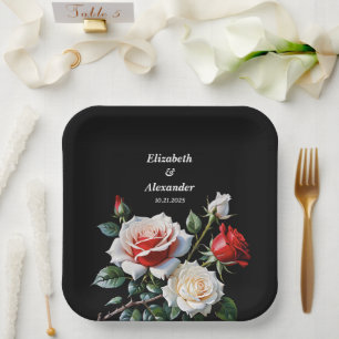 Dark Pretty pink white red roses floral wedding Paper Plate