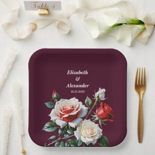 Dark Pretty pink white red roses floral wedding Paper Plate