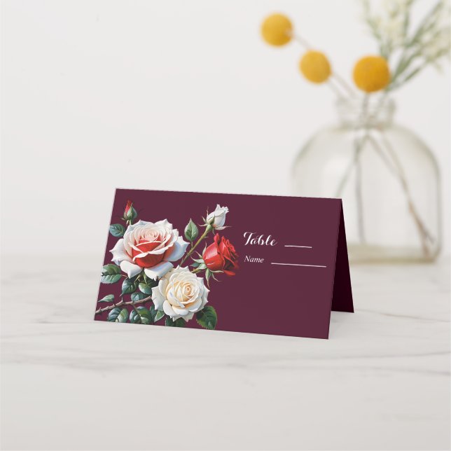 Dark Pretty pink white red roses floral wedding  Place Card (Front)