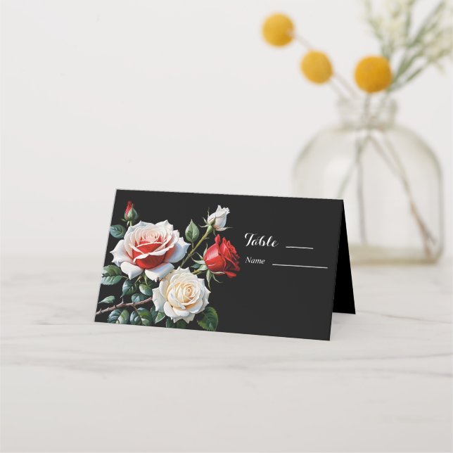 Dark Pretty pink white red roses floral wedding  Place Card (Front)