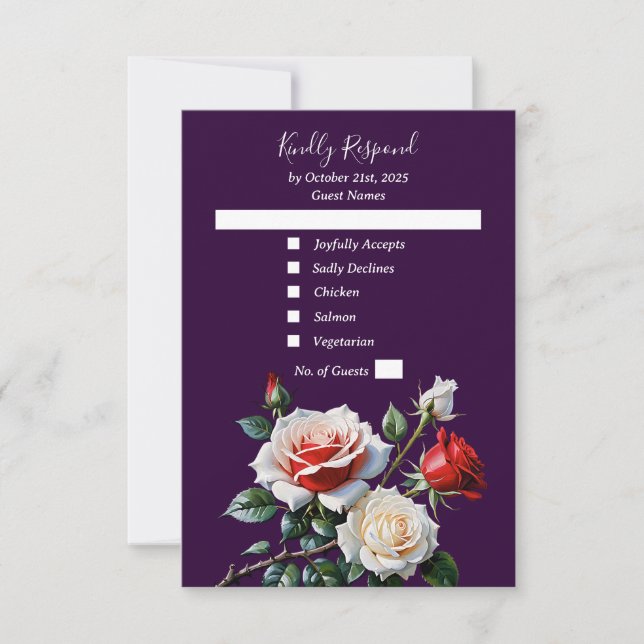 Dark Pretty pink white red roses floral wedding  RSVP Card (Front)