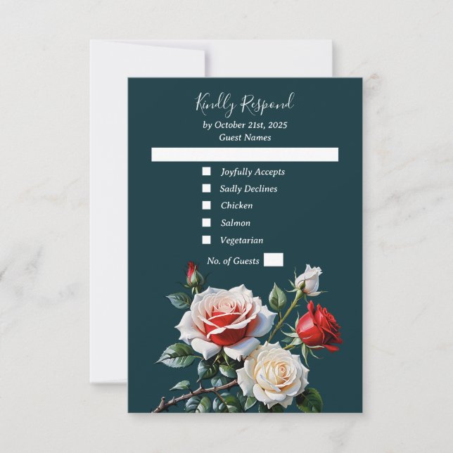 Dark Pretty pink white red roses floral wedding  RSVP Card (Front)