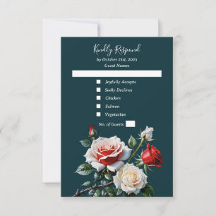 Dark Pretty pink white red roses floral wedding RSVP Card