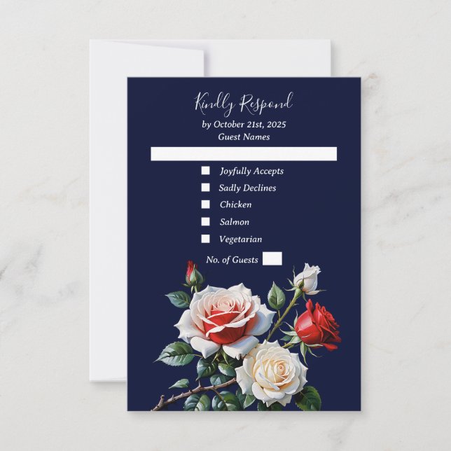 Dark Pretty pink white red roses floral wedding  RSVP Card (Front)