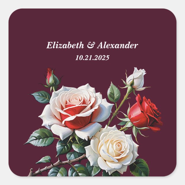 Dark Pretty pink white red roses floral wedding Square Sticker (Front)