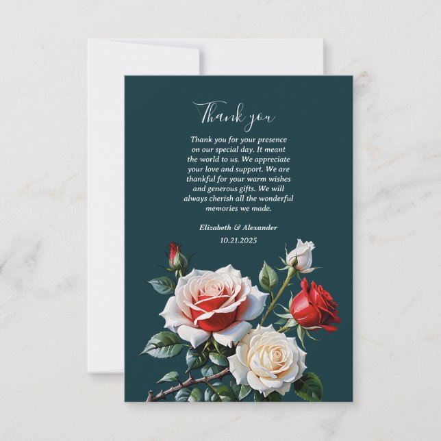 Dark Pretty pink white red roses floral wedding  Thank You Card (Front)