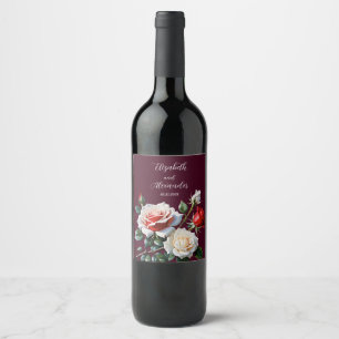 Dark Pretty pink white red roses floral wedding  Wine Label