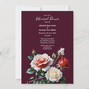 Dark Pretty pink white red roses Rehearsal dinner Invitation