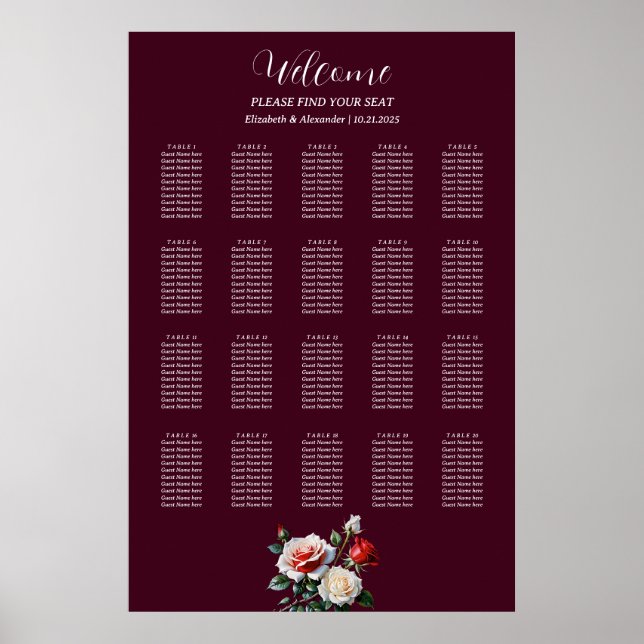 Dark Pretty pink white red roses seating chart (Front)